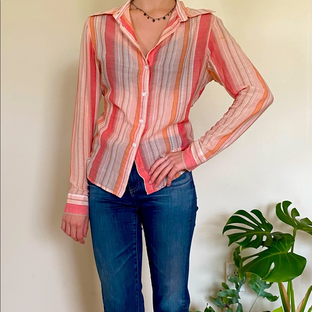 Striped Button Down Long Sleeve Shirt Quick Reflex Size M Coral Multi Colored